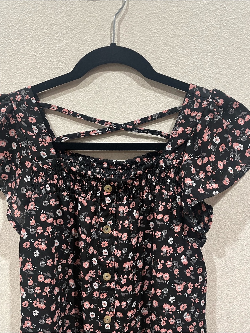 No Boundaries Black Floral Crisscross-Back Blouse